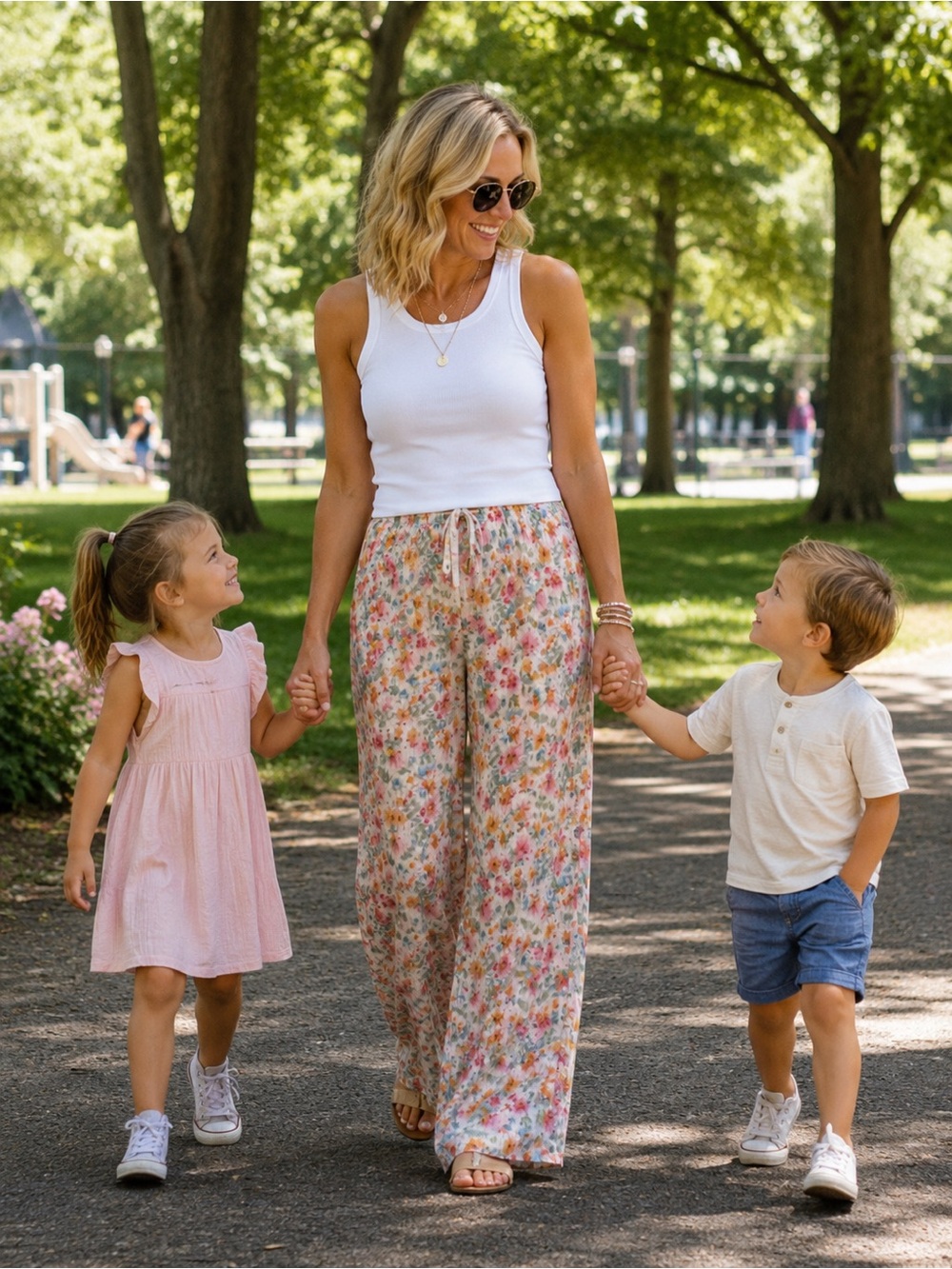 Wide leg pull on boutique size M floral lined summer lightweight pant w/ pockets